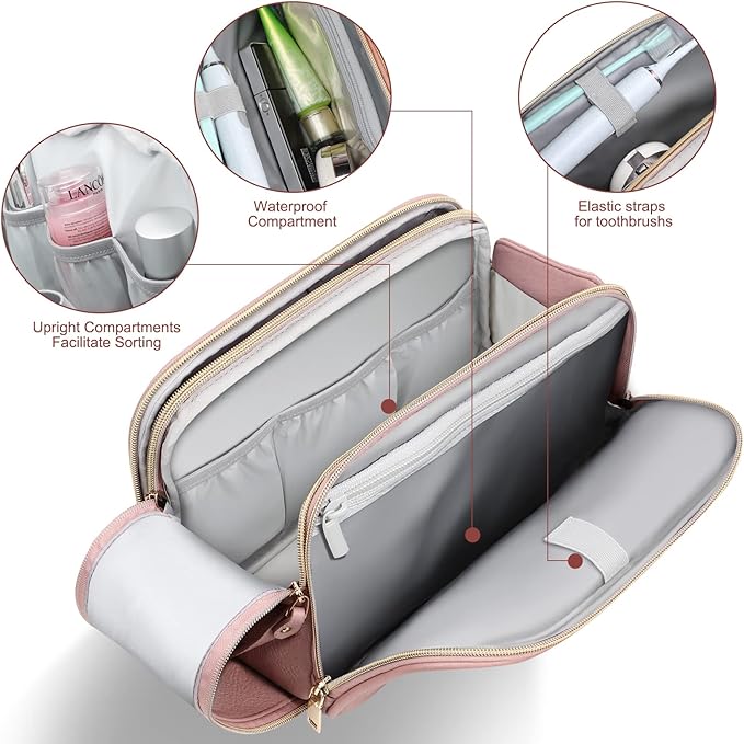 BOOMRICH Large Travel Makeup Bag, Cosmetic Bag, Toiletry Bag for Women, Water-Resistant Leather Toiletry Organizer, Dopp Kit for Toiletries Accessories, Pink
