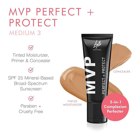 Beauty For Real MVP Tinted Moisturizer & Concealer, Medium 3 - Also Acts as a Primer, SPF 25 Sunscreen & Complexion Perfector - Anti-Aging Hydration & Coverage - 1.5 fl oz