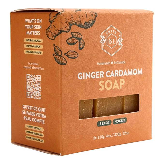 Handmade in Canada, Plant Based Natural Bar Soap Cold Pressed For Face & Body, w/Premium Essential Oils, For Men & Women 3 Pack (Ginger Cardamom)