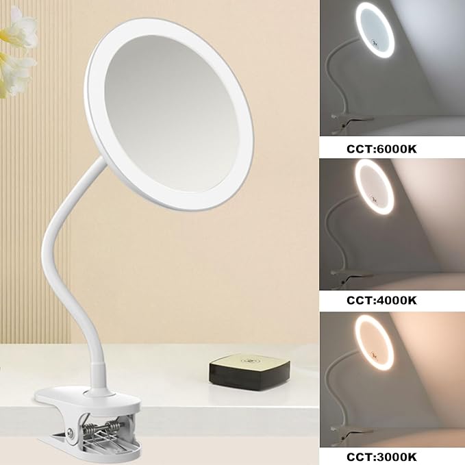 6.5" Clip On Gooseneck Makeup Vanity Mirror With Light, 2000mAh USB Lighted Travel Mirror, White 1X