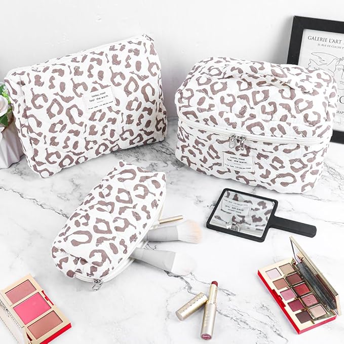 3Pcs Cotton Quilted Makeup Bag Set,Large Floral Cosmetic Bag,Aesthetic Toiletry Travel Makeup Bag Set and Cute Flower Bag for Women Girls(White Leopard Print)