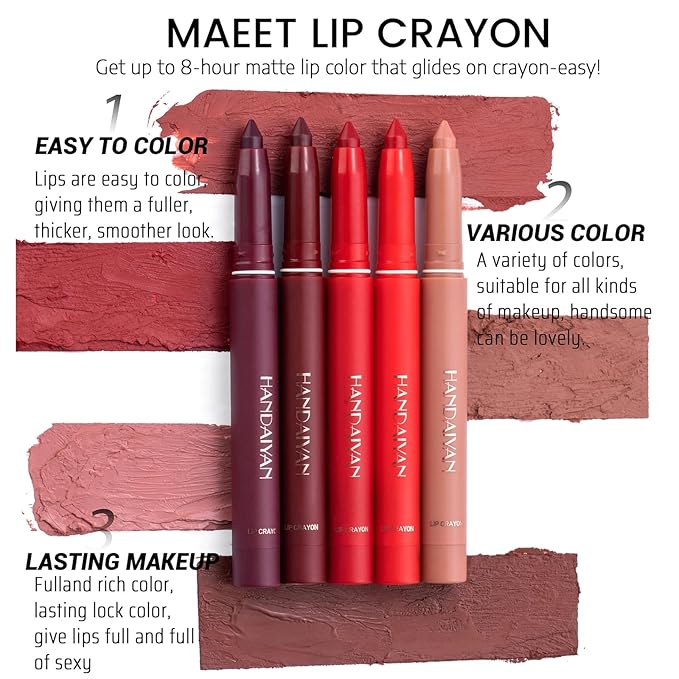 12 Colors Matte Lipstick Pen Lip Liner Pencil Set Waterproof Matte Lip Crayon Non-sticky Long-lasting Wear with Built-in Sharpener