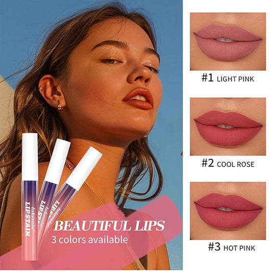 3Pcs Peel Off Lip Stain Lip Tint Set, Langlebiger Peel Off Matter Lipgloss,Matte Liquid Lippenstift Nude Lip Gloss Wasserdichter Lip Tint Fleck Antihaft Cup Peel Off Lippenstift für Frauen