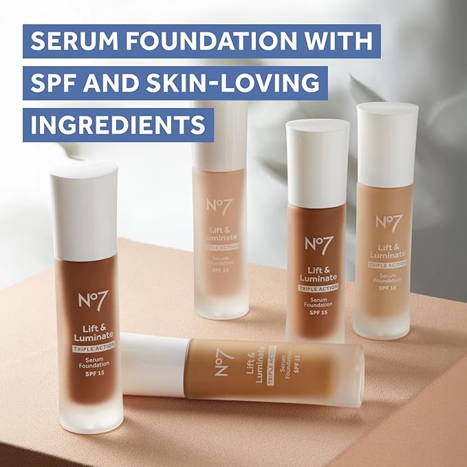 No7 Lift & Luminate Triple Action Serum Foundation - Liquid Makeup with SPF 15 for a Dewy, Glowy Base - Radiant Formula for Mature Skin - Sandalwood (30ml)