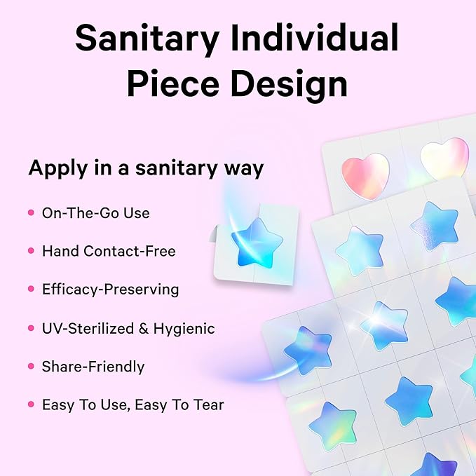 Sosky Hologram Pimple Patches for Face, Hydrocolloid Acne Patches with Salicylic Acid, Cute Star Zit Stickers,Colorful Blemish Covers,48 Count Pink Heart