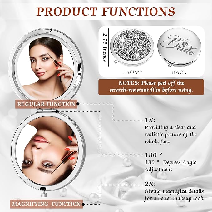 Barydat 10 Pieces Bridesmaid Gifts Set Magnifying Compact Mirror Bride I Do Crew Bridesmaid Proposal Gifts Travel Small Mirror for Purse Makeup Pocket Mirror for Women Wedding Party (Silver)