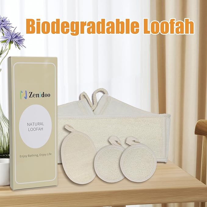 Loofah Sponge Exfoliating Body Scrubber(4 Pack), Zenidoo Natural Loofah Face Pad Bath Shower Body Scrubber for Women and Men, Made with Eco-Friendly and Biodegradable Luffa Pads,Large Size