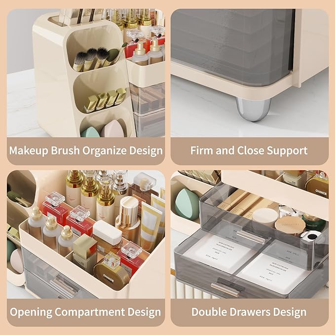 Makeup Organizer with Drawers for Vanity, Make Up Storage Kit, Spacious Cosmetic Display Case, Perfect Storage Solution for Beauty Essentials (Cream)