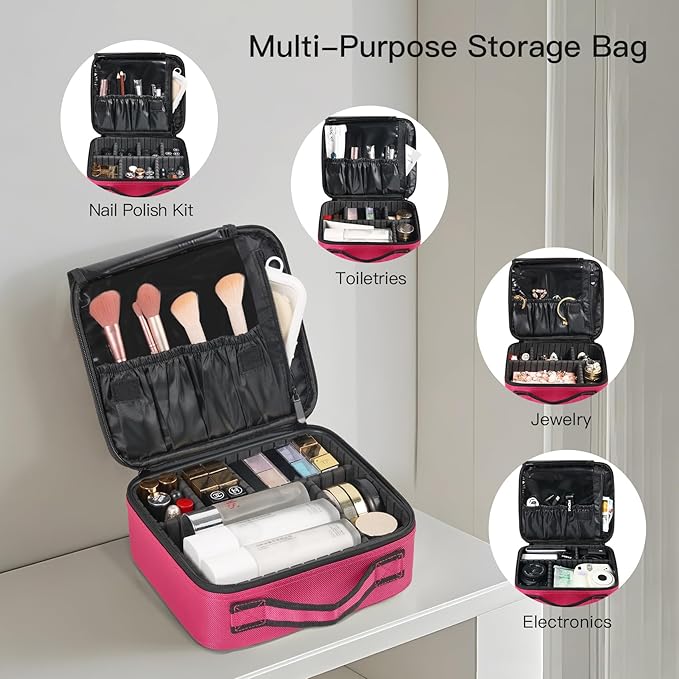Makeup Organizer Bag, 10 Inch Portable Makeup Box with Adjustable Strap Cosmetic Bag with Brush Storage Sturdy Dual Zip Closure, Cosmetic Case for Women, Waterproof, Durable, Gift for Her, Rose Red
