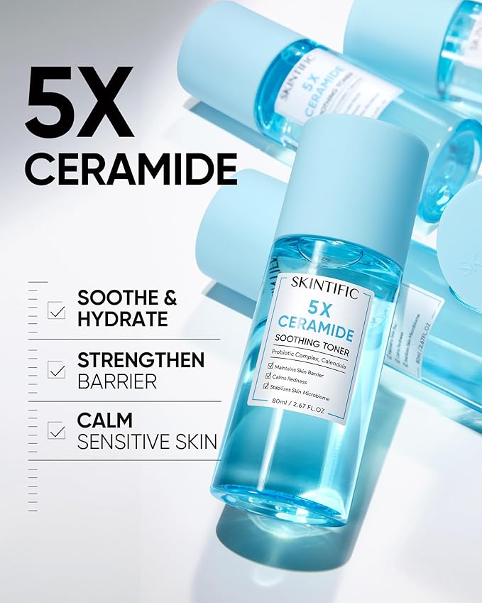 5X Ceramide Soothing Toner, Hydrating Skin Barrier Repair Calms Redness Facial Toner with Probiotics & Calendula for Sensitive & Dry Skin, Non-Alcohol, Cruelty-Free, Vegan Skincare