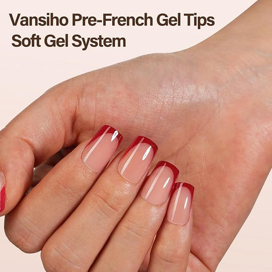 150Pcs French Gel Nail Tips, Vansiho Short Square Nail Tips, Red Pre-French Tips Press on Nails, Soak Off Soft Gel Acrylic Fake Nails for Nail Art DIY 15 Sizes