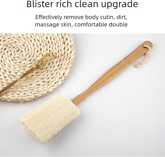 2-Pack Natural Loofah Exfoliating Bath Brush with Long Wooden Handle,Loofah Exfoliating Body Scrubber,Back Lufas for Men&Women