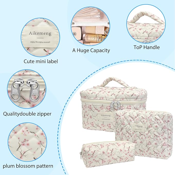 3 Piece Floral Quilted Makeup Bag, Large Capacity Travel Cosmetic Bag for Women and Girls, Aesthetic Storage for Daily and Travel Use (3pcs-peachblossom)