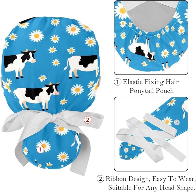 2 PCS Bouffant Cap with Button Ponytail Pouch Working Cap Sweatband Adjustable Surgical Cap Black and White Cow
