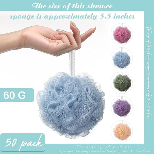 Nitial 50 Pcs Large Bath Shower Loofah Sponge Bulk 60g Exfoliating Bath Sponge Soft Shower Scrunchies Colorful Bath Loofahs for Men Women Shower (Soft Color)
