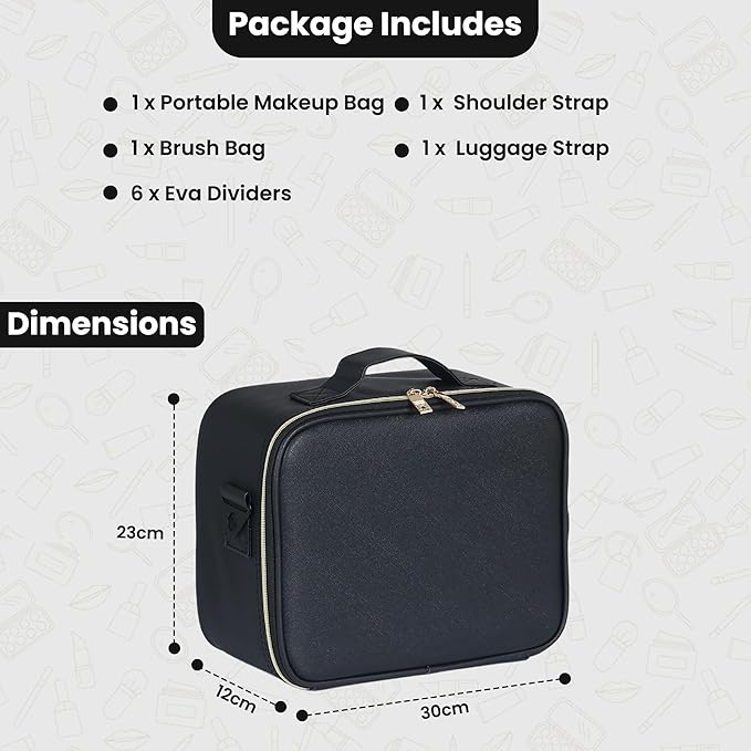 Makeup Travel Case, 12 Inch Makeup Organizer Bag with Compartment and Dividers, Portable Cosmetic Bag for Women with Brush Storage Sturdy Dual Zip Closure, Waterproof, Durable, Gift for Her, Black