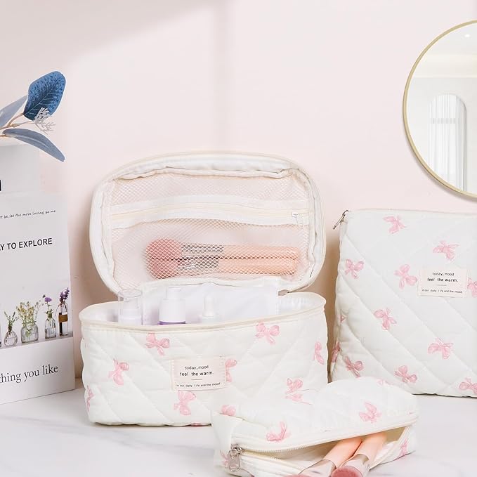 3Pcs Cotton Quilted Makeup Bag Set,Large Floral Cosmetic Bag，Aesthetic Toiletry Travel Makeup Bag Set and Cute Flower Bag for Women Girls (White Pink Bow)