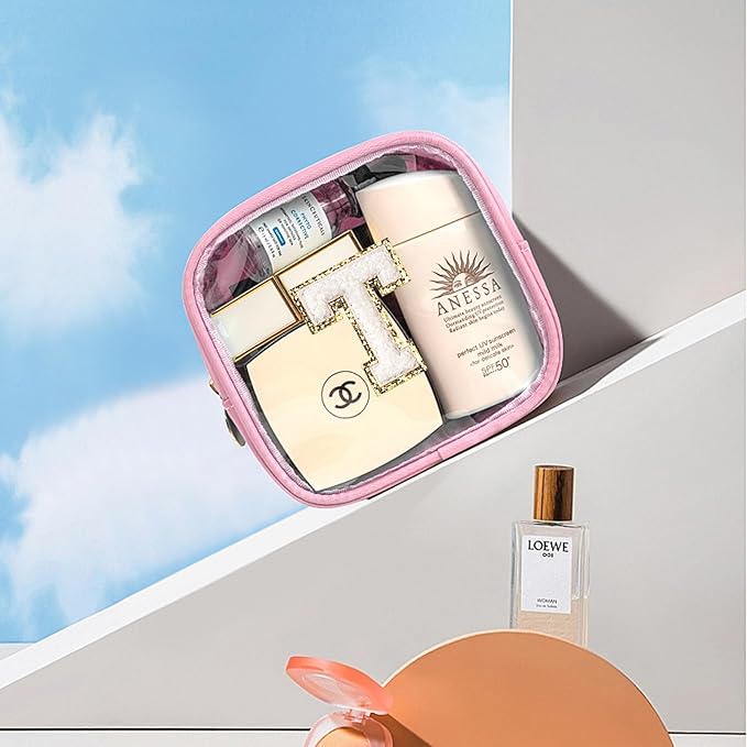 Mini Initial Makeup Bag | Travel Toiletry Bag | Clear Makeup Bag | Travel Essentials Gifts for Women Teen Girlfriend Teacher Brithday Gifts | Clear Toiletry Bag Small Mini Cosmetic Bag (Pink, T)