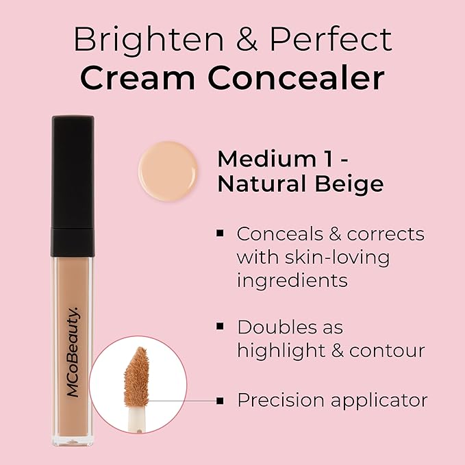 MCoBeauty Brighten & Perfect Cream Concealer, 5 Medium Natural Beige, Brightening Coverage for Flawless Complexion, Vegan, Cruelty Free Cosmetics