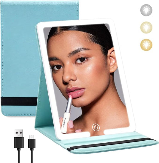 Travel Mirror with LED Lights - 8x5.5inch Lighted Makeup Mirror 3 Color Modes, Portable Vanity Mirror with Light of PU Leather, Desktop Cosmetic Light Up Mirror, Travel Accessories for Women
