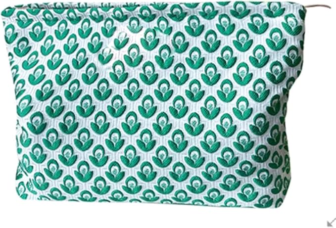 Makeup Bag Noble Floral Cosmetic Bag Cotton Toiletry Organizer Bag Portable Travel Bag Cute Pouch Case Make Up Bag for Women Green Color