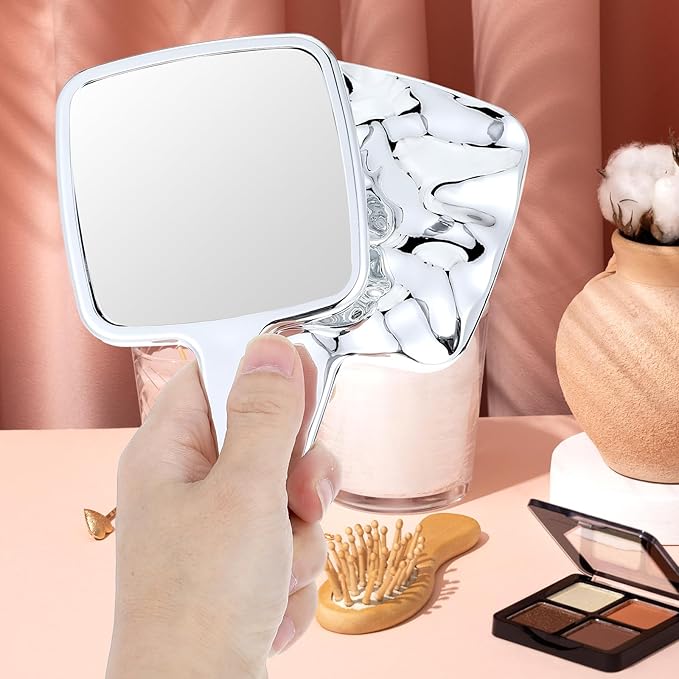 2 PCS Hand Held Mirrors with Handle Water Ripples Hand Mirror with Handle Silver Handheld Makeup Mirror Handheld Garden Single-Sided Normal Hands Mirrors for Make up (6.69 × 3.94 Inches)