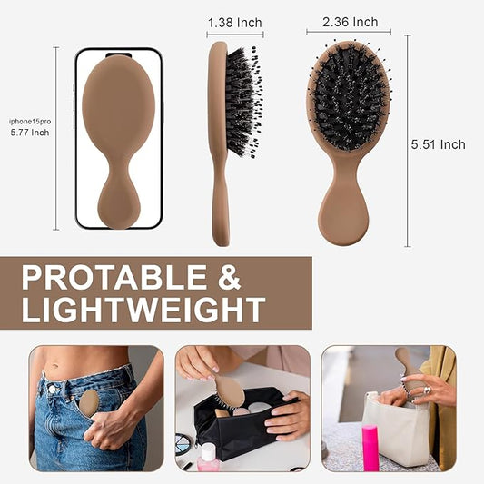 Mini Boar Bristles Hair Bursh, Travel Size Hair Brush for Women Men Kids, Protable Small Hair Brush for Pockets Purses, Mini Detangler Brush for Smooth Add Shine (1 Pack-Mocha)