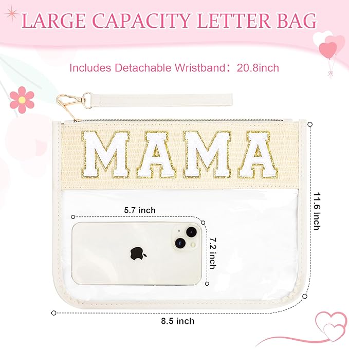 Mama Bag Mother Gifts Mama Chenille Letter Clear Makeup Bag Pouch Clear Zipper Pouch with Wristlet Travel Cosmetic Bag Graduation Retirement Mama Gifts for Women
