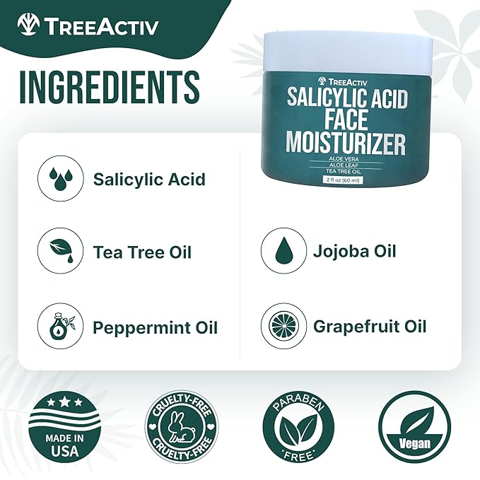 TreeActiv Acne Eliminating Face Cream | Best Natural Extra Strength Fast Acting Treatment for Clearing Facial Acne | Gentle Enough for Sensitive Skin, Adults, Teens, Men, Women | Tea Tree | 2 fl oz