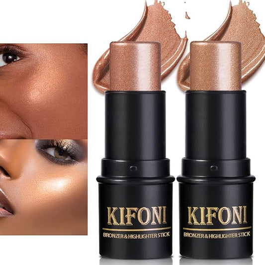 2Pcs Highlighter Stick Cream Contour Stick Makeup Kit, Shimmer Highlighter and Bronzer Stick Contour Wand, Water-proof Long Lasting Smooth Face Brightens & Shades Contouring Stick Illuminator