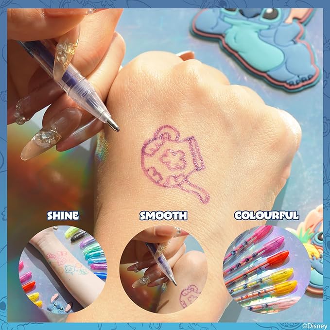 Disney Stitch 16 Piece Glitter Pen Body Art Set, Glittery and Bright Colors, Ages 3+ by Townley Girl