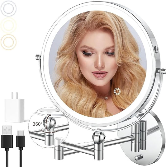 9" Wall Mounted Makeup Mirror with Lights, 4000mAh Rechargeable 1X/10X Wall Mounted Magnifying Mirror for Bathroom, 3 Color Lighting,Touch Screen Dimming,Extended Arm 360 Rotation Wall Mount Mirror C