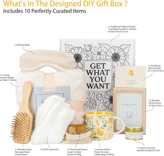 Foldifyzen Birthday gifts for women, Get well soon gift baskets,care package with sunflower coffee mug,sunflower pattern gift box to color as unique gift baskets for women.