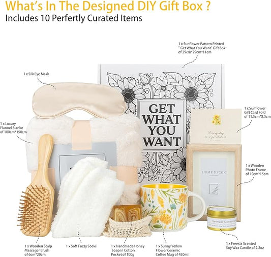 Foldifyzen Birthday gifts for women, Get well soon gift baskets,care package with sunflower coffee mug,sunflower pattern gift box to color as unique gift baskets for women.