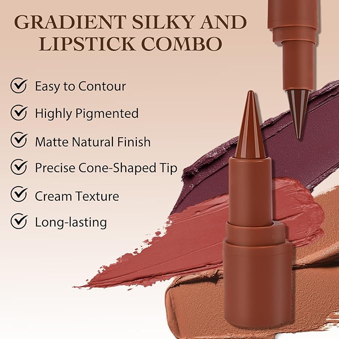 2 in 1 Lip Liner Pencil and Lipstick Lip Combo Set, Matte Nude Black Dark Brown Red Lip Liner, Smooth Creamy Lip Pencil, High Pigmented Non-Smudging Waterproof Long Lasting Lip Makeup 02#