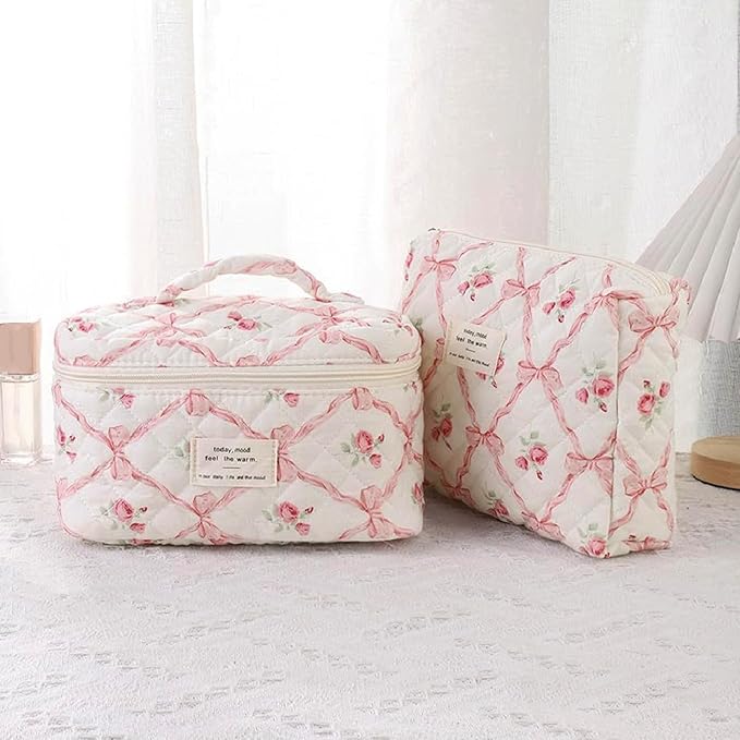 3 Pcs Quilted Makeup Bag Set,Coquette Bow Make up Bag,Cute Floral Makeup Bags Large Toiletry Cosmetic Bag Organizer for Women Girls (H-3PCS)