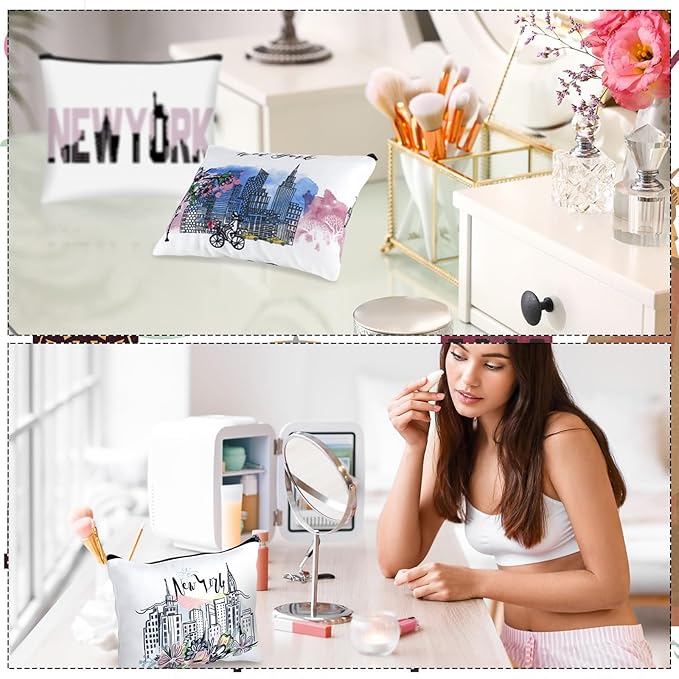 9 Pcs New York Cosmetic Bag New York Souvenir Zipper Pouch Los Angeles Souvenir Gifts Italy Paris Broadway Alaska Makeup Purse for Girls Women Traveler Birthday Christmas Party Favors