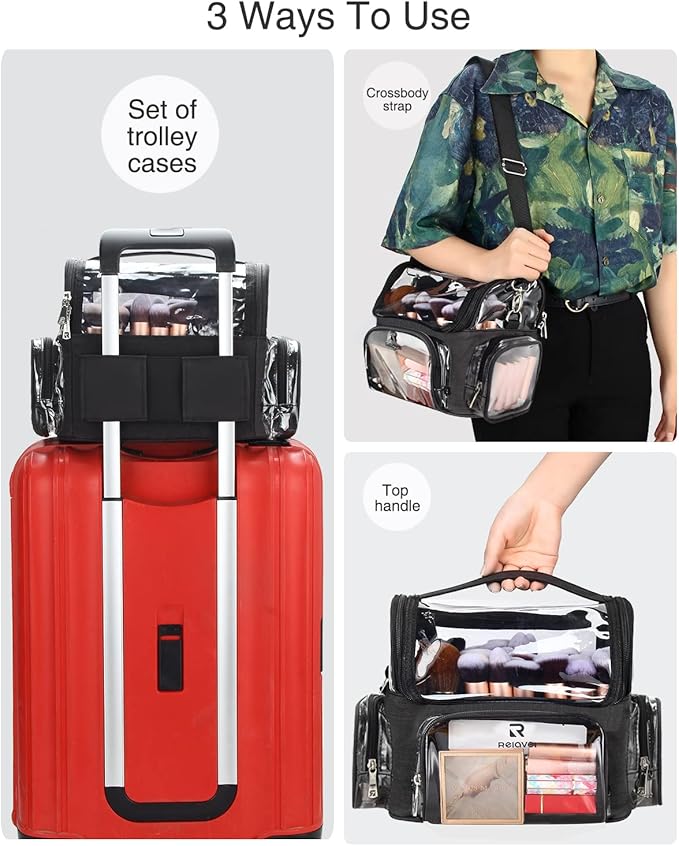 Makeup Brush Case, Large Makeup Brush Holder Professional Makeup Artist Travel Case Clear Waterproof Cosmetic Organizer Bag, Full Open Easy to Access, with Adjustable Strap and Dividers