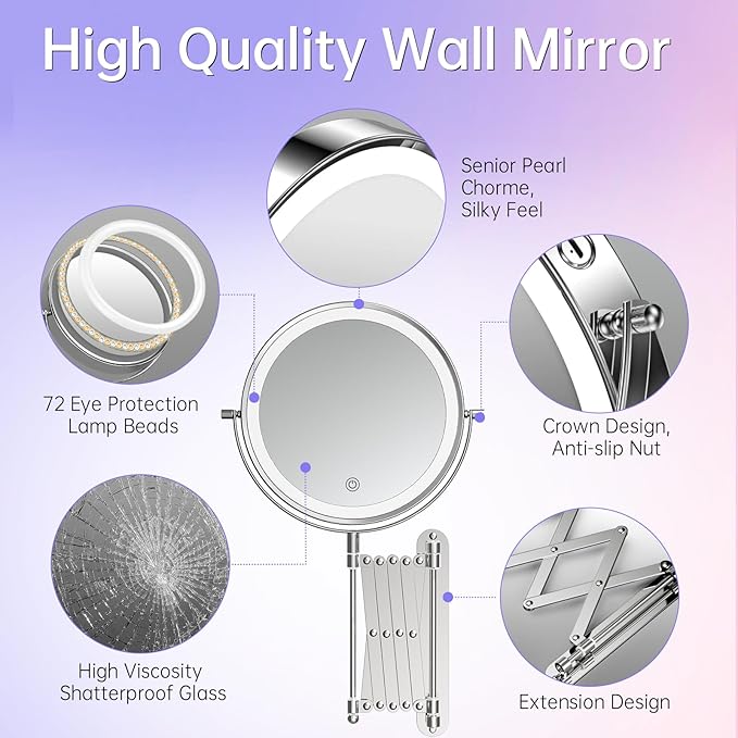 Famihomii Rechargeable Lighted Makeup Mirror Wall Mounted, 8 Inch 1X/10X Double Sided Magnifying Mirror with 3 Light, 360° Swivel Bathroom Extendable Mirror, Telescoping Mesh Shaving Mirror - Chrome