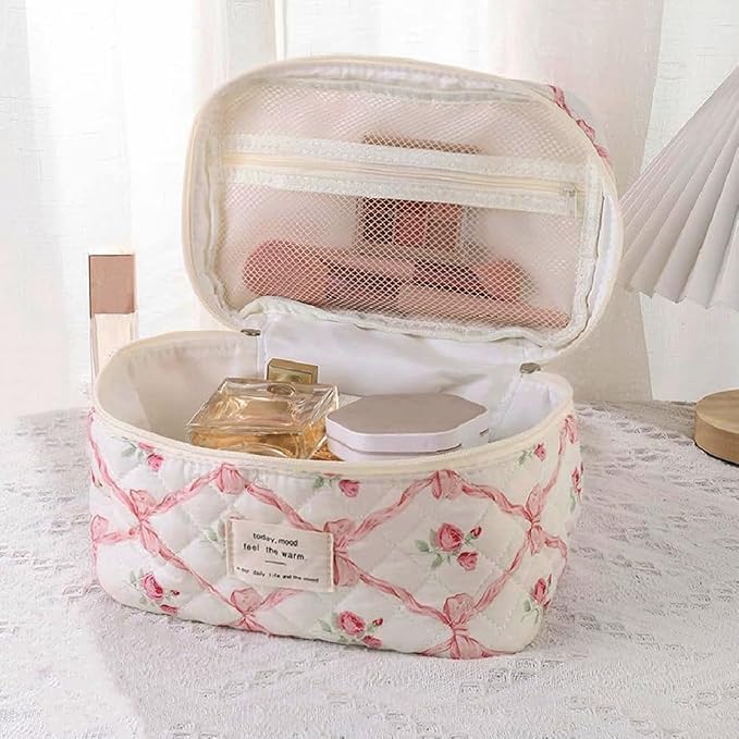 3 Pcs Quilted Makeup Bag Set,Coquette Bow Make up Bag,Cute Floral Makeup Bags Large Toiletry Cosmetic Bag Organizer for Women Girls (H-3PCS)