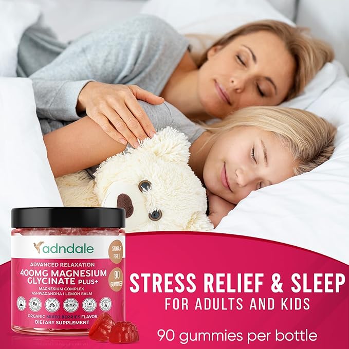 Adndale 180 CT Magnesium Glycinate Gummies 400 mg/Serv, with Ashwagandha, Magnesium Malate & Taurate, Sugar Free Chews for Adults & Kids Relaxation, Stress Relief, Night Rest, Muscle & Cardio Support