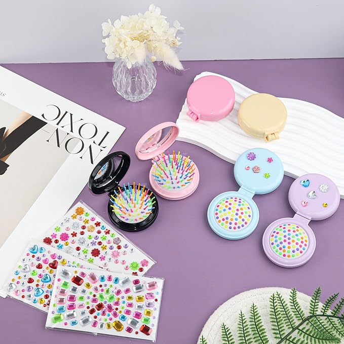 6 Colors Folding Mirror Hairbrush, 2 in 1 Compact Pocket Mirror Comb with DIY Stickers, Round Mini Pocket Makeup Mirror for Travel Women Girls (24 Pcs)