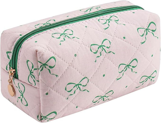 Gleyemor Small Quilted Makeup Bag for Women, Cute Floral Bow Cosmetic Bag, Emergency Bag Travel Toiletry Cotton Pouch Gifts for Girls Her Mom Friend Sister Bridesmaid (Pink&Green Bow)