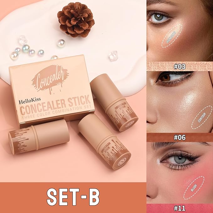 3Pcs Cream Contour Sticks Kit, Highlighter Stick Blush Stick Cream Contour Kit Makeup Set with Brush,Face Brightens & Shades Contour Stick Waterproof for Women Girls(9507-03-06-11, B)