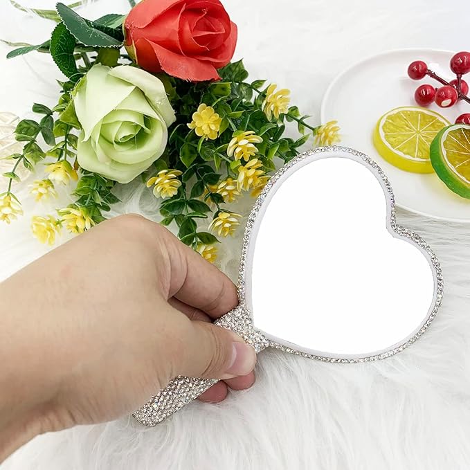 LOPURO Sparkling Rhinestone Heart Shaped Handheld Mirror, Rhinestone Handheld Heart Mirror Bling Glitter Cute Cosmetic Hand Mirror with Handle Portable Makeup Mirror for Women Travel