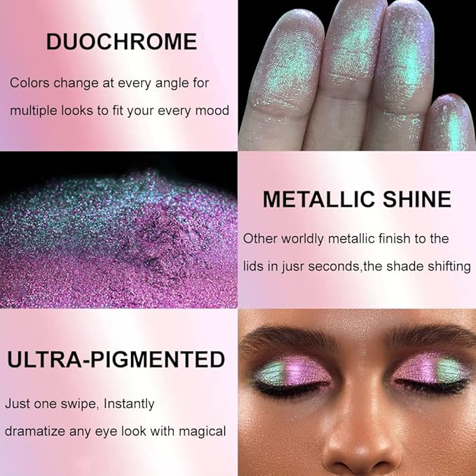 Afflano Chameleon Glitter Eyeshadow Metallic Eyes Makeup, Color Changing Holographic Multichrome Eyeshadow Shimmer, Highly Pigmented Duo Chrome Minerals Eye Shadow, Sparkling Face Highlighter