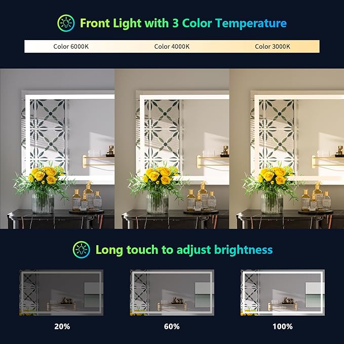 57x36 Inch RGB LED Bathroom Mirror Front Light and RGB Backlit Lighted Vanity Mirror for Bathroom Wall Mounted Dimmable Anti Fog Memory Shatter-Proof IP54 Waterproof Horizontal/Vertical