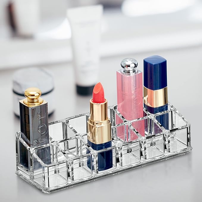 Amazing Abby - Glamour - 12-Slot Acrylic Lipstick Organizer, Lipstick Holder, Lip Gloss Holder, Cosmetic Storage Display, Perfect Storage Solution for Drawer and Vanity (Slot Size: 0.9" x 0.9")