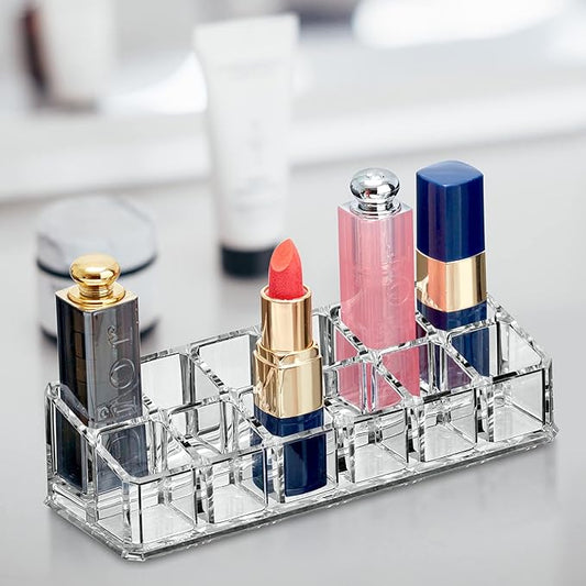 Amazing Abby - Glamour - 12-Slot Acrylic Lipstick Organizer, Lipstick Holder, Lip Gloss Holder, Cosmetic Storage Display, Perfect Storage Solution for Drawer and Vanity (Slot Size: 0.9" x 0.9")