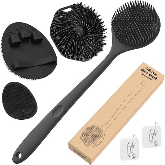 Manmihealth Silicone Back Scrubber & Soft Bath Glove Set 4 PCS(Thin Bristles), Super-Exfoliating Body Scrubber & Super-Lathering Shower Brush Combination, with 2 Free Hooks (Black)